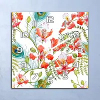 Coloray Deko Glasuhr Wanduhr 30x30 Pfauenfedern Blumen Quarz Küchenuhr Bürouhr