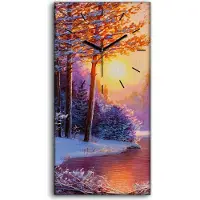 Coloray Dekor Leinwand Uhr Wandbilder 30x60 Malerei Bäume Schnee Fluss Sonnenuntergang - schwarze Hände