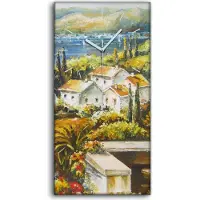 Coloray Wanduhr Uhr Wandbild Leinwand Geräuschlos 30x60 Gemälde Küste Dorf Boote Blumen - weiße Hände