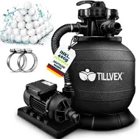 Tillvex Sandfilteranlage Pool 7.900L/h inkl. 400g Filterbälle schwarz | Filteranlage 7-Wege Ventil & 2in1 Adapter Ø32mm - 38mm | Poolfilter mit Druckanzeige | Sandfilter für Schwimmbecken