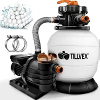 Tillvex Sandfilteranlage Pool 10 m³/h inkl. 800g Filterbälle weiß/orange | Filteranlage 7-Wege Ventil & 2in1 Adapter Ø32mm - 38mm | Poolfilter mit Druckanzeige | Sandfilter für Schwimmbecken