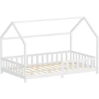 ML-Design Kinderbett 120x200cm mit Rausfallschutz, Dach & Lattenrost Weiß Montessori Bodenbett aus massivem Kiefernholz Hausbett für Mädchen & Jungen