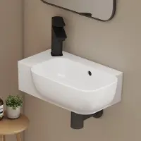 Emke Wandwaschbecken Keramik Rechteckig 400x250mm Weiß Glänzend Abgerundetes Hänge Waschbecken mit Armaturloch & Überlauf für Gäste-WC & kleines Bad