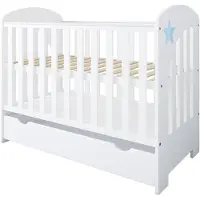 ZEE STAR 2in1 Babybett 120x60 cm Weiß Blau Stern mit Schublade & Umbauseite Juniorbett Kinderbett Gitterbett