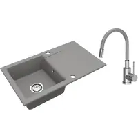 VBChome Granitspüle 76 x 44 cm Grau mit flexibler Armatur Einzelbecken Einbauspüle Reversibel Gesprenkelt Pflegeleichtes Spülbecken mit Siphon