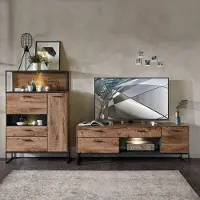 Lomadox Industrial TV-Wohnwand in Haveleiche Cognac mit Matera anthrazit MINNEAPOLIS-55 inkl. LED Beleuchtung, B/H/T ca: 289/151/48 cm