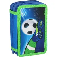Spirit Schüler Etui 28 teilig 3-Zipper Mäppchen FUSSBALL blau grün