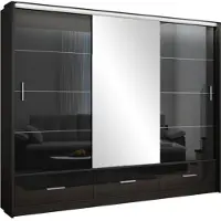 Masseno Schiebetürenschrank SENNA 255/222/61 cm 3-türig mit Spiegel Schwarz