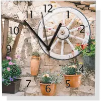 Wallario Design Wanduhr Wagenrad an Natursteinwand aus Aluverbund, Größe 30 x 30 cm