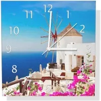 Wallario Design Wanduhr Windmühle über azurblauem Meer aus Aluverbund, Größe 30 x 30 cm