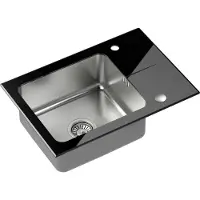 Quadron Spülbecken 1-Becken Spüle mit Küchenarmatur | Größe: 64 x 44 x 19 cm | HUGH 116 | Küchenspüle Glass & Edelstahl mit Siphon | Schwarz & Stahl PVD