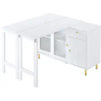 Youjia Weißes Buffet Sideboard mit klappbarem Ausziehtisch, Glasschiebetüren, verstellbare Einlegeböden, Esszimmerschrank mit Wellenmuster,