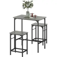 Moonbite Bartisch Set grau 3-teilig, Hochtisch 80 × 50 cm mit 2 Barhockern, schwarzer Stahlrahmen, H-Basis, Fußstütze, rutschfeste Pads, Stahl, Grau