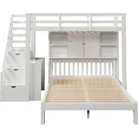 Youjia Etagenbett mit Lagerregal, 90*200cm+140*200cm,Multifunktionales Kinderbett, Mit Aufbewahrungstreppe und Beweglicher Beistelltisch, Großer Stauraum,