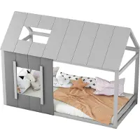 Youjia 90 x 200 Kinderbett, Kinderbett in Hausform, Einzelhaus-Flachbett mit Dach und Fenster, Dunkelgrau + Hellgrau,
