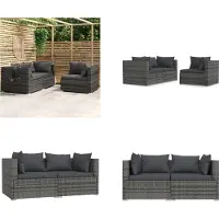 vidaXL 3 tlg. Garten Lounge Set mit Kissen Grau Poly Rattan - Garten-Lounge-Set - Garten-Lounge-Sets - Sofa Und Tisch - Terrassen-Lounge-Set