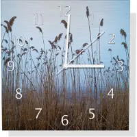 Wallario Design Wanduhr Schilfrohr am See vor blauem Himmel aus Aluverbund, Größe 30 x 30 cm