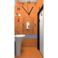 Wallario Design Wanduhr Modernes Badezimmer in orange mit blauen Fliesen aus Echtglas, Größe 30 x 60 cm