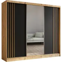ALTDECOR Kleiderschrank mit Spiegel und Schiebetüren, kugelgelagerte Führungsschienen und Aluminium-Leisten - NALLA - 240 cm (Artisan + Schwarz + Artisan)