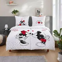 Tex idea Mickey & Minnie Mouse Bettwäsche Set 4-teilig 135x200 80x80 cm - Partner Bettwäsche, weiß aus 100% Baumwolle mit Reißverschluss -