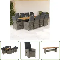 The Living Store 11-tlg. Garten-Bistro-Set mit Kissen Grau Poly Rattan