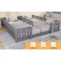 UnboxG Doppelbett Grau mit Lattenrost und Sicherheitszaun, 2er-Set Kinderbett mit Sternmotiv, Robustes Kiefernholzbett für Familien
