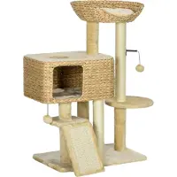Moonbite Kratzbaum 98 cm mit Höhle, Bett, Liegefläche und Rampe, Sisalkratzsäulen, Anti-Kipp-Vorrichtung, Spielball, Spanplatte, Beige