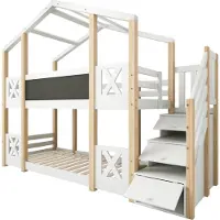 Youjia Etagenbett 90 x 200 cm,Kinderbett Baumhaus mit Treppe Stauraum und Rausfallschutz, Hochbett für Kinder– 2x Lattenrost- Natur & Weiß
