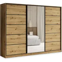 Masseno Schiebetürenschrank PINA 250/205/58 cm Kleiderschrank mit 4 Schubladen Schlafzimmer Schrank 3-türig mit Spiegel Eiche Artisan