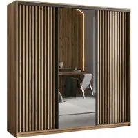 Masseno Schiebetürenschrank ORRA 180/205/60 cm Kleiderschrank mit Spiegel und Lamellen, 4 Schubladen Schlafzimmer Schrank 3-türig Eiche Wotan + Schwarz