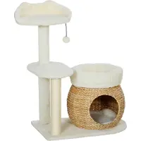 Youjia Kratzbaum 79 cm Katzenbaum mit Katzenhöhle, Bett, Spielbälle, Katzenkratzbaum mit Sisal-Kratzsäulen, für Katzen bis 5 kg, Cremeweiß,