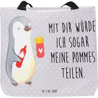 Mr. & Mrs. Panda Tote Bag Pinguin Pommes - Grau Pastell - Geschenk, Liebesgeschenk, Laptoptasche, Hochzeitstag, für Frauen, Valentinstag, Freundin, Tasche, Strandtasche