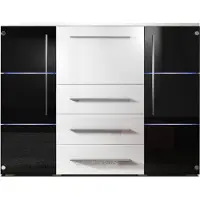EURO-MEBLE Kommode, BARY, Schrank , LED Beleuchtung, Schubladenkommode mit Türen (Seitentüren (Glas) Schwarz + Mitte Weiß)