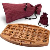 Logoplay Holzspiele Bao Spiel Gr. L für 2 Spieler mit Stoffbeutel - oval - Hus - Kalaha - mit 75 Edelsteinen