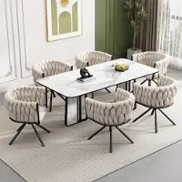 Flieks Esszimmerstuhl 6er Polsterstuhl 360°drehbar, Küchenstuhl Schminkstuhl mit Samtbezug, Wohnzimmerstuhl mit Armlehnen und Stahlbeinen, Beige