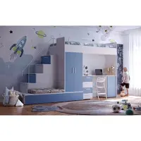 EURO-MEBLE Etagenbett FELIX 4S – Hochglanz oder Matt – Kinderbett, Hochbett, MIT Matratze und Lattenrost (Weiß + Blau Matt)