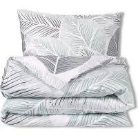 Markenlos Satin Bettwäsche Set 160x200 EXKLUSIV Blätter in Grün- und Grautönen