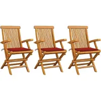 Syfax Gartenstühle mit Roten Kissen 3 Stk. Massivholz Teak