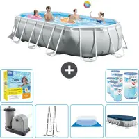 Intex Oval Prism Frame Swimmingpool – 503 x 274 x 122 cm – Grau – inklusive Pumpe – Leiter – Bodenplane – Abdeckung Wartungspaket - Filter