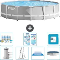 Intex Round Prism Frame Swimming Pool – 427 x 107 cm – Grau – inklusive Pumpe – Leiter – Bodenplane – Abdeckung Wartungspaket - Filter - Bodenfliesen