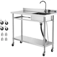 SucceBuy Spültisch aus Edelstahl (1200 x 500 x 1055 mm), Einzelbecken mit Wasserhahn und Rollen, Küchenspüle für Garage, Restaurant und Wäscherei, Außenspüle mit Arbeitsfläche (links)