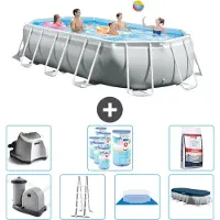 Intex Oval Prism Frame Swimmingpool – 503 x 274 x 122 cm – Grau – inklusive Pumpe – Leiter – Bodenplane – Abdeckung Salzwassersystem - Filter - Poolsalz