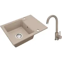 VBChome Granitspüle Beige 59 x 44 cm mit Armatur Einzelbecken Einbauspüle Reversibel Gesprenkelt Pflegeleichtes Spülbecken mit Siphon