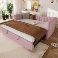 ALFORIGO Daybett 90 x 200 cm mit ausziehbarem Rollbett 90 x 190 cm, Samtbezug und MDF, Polsterbett/Sofabett, Rosa-Weiß, ohne Matratze