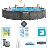 Intex Round Prism Frame Greywood-Schwimmbecken – 549 x 122 cm – inklusive Pumpe – Leiter – Bodenplane – Abdeckung Wartungspaket - Filter - Bodenfliesen