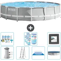 Intex Round Prism Frame Swimming Pool – 457 x 107 cm – Grau – inklusive Pumpe – Leiter – Bodenplane – Abdeckung Wartungspaket - Filter - Bodenfliesen
