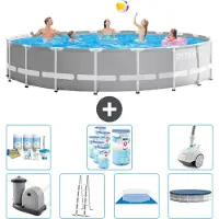 Intex Round Prism Frame Swimming Pool – 610 x 132 cm – Grau – inklusive Pumpe – Leiter – Bodenplane – Abdeckung Wartungspaket - Filter - Staubsauger