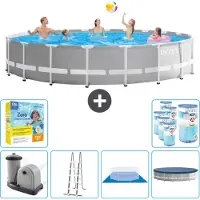 Intex Round Prism Frame Swimming Pool – 610 x 132 cm – Grau – inklusive Pumpe – Leiter – Bodenplane – Abdeckung Wartungspaket - Filter