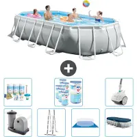 Intex Oval Prism Frame Swimmingpool – 503 x 274 x 122 cm – Grau – inklusive Pumpe – Leiter – Bodenplane – Abdeckung Wartungspaket - Filter - Staubsauger