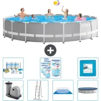 Intex Round Prism Frame Swimming Pool – 610 x 132 cm – Grau – inklusive Pumpe – Leiter – Bodenplane – Abdeckung Wartungspaket - Filter - Bodenfliesen